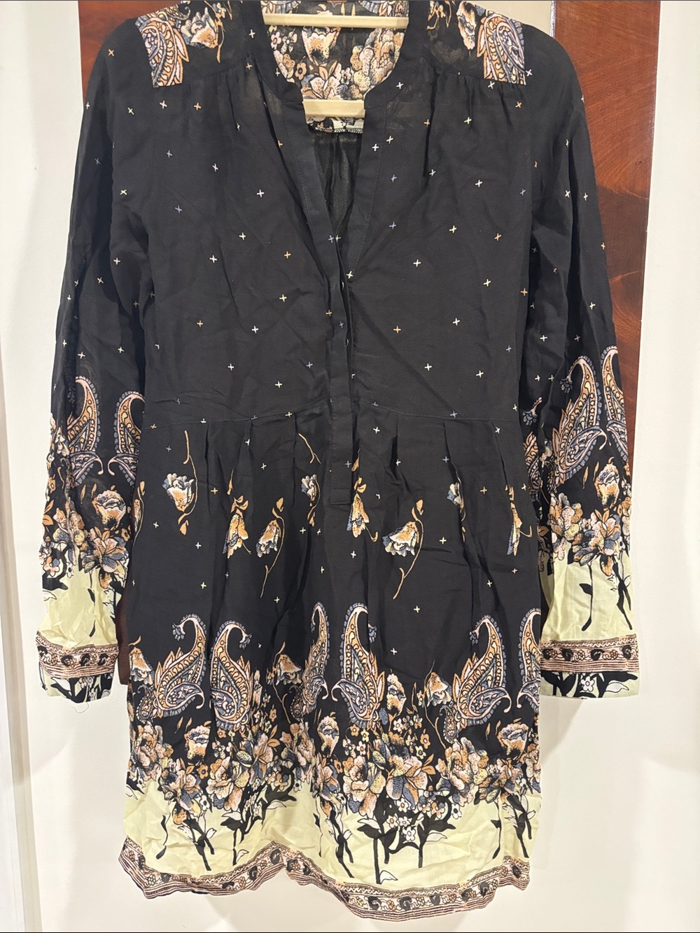 Free People Black Paisley /floral Border Long-Sleeve umpire waist rayon dress